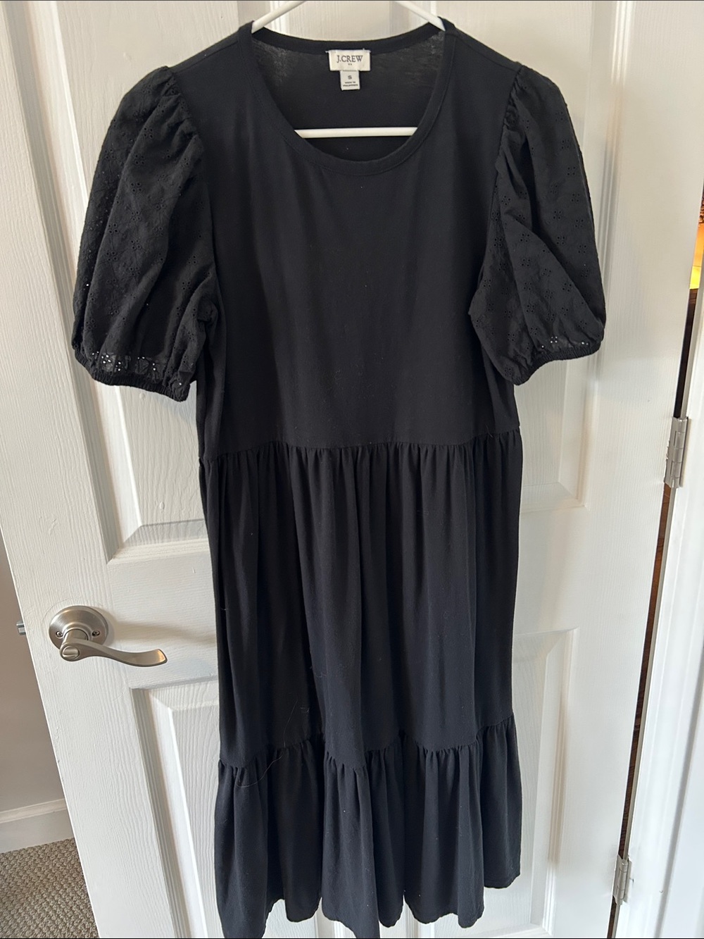 J. Crew Black Puff-Sleeve Tiered Midi Dress with Eyelet Sleeves